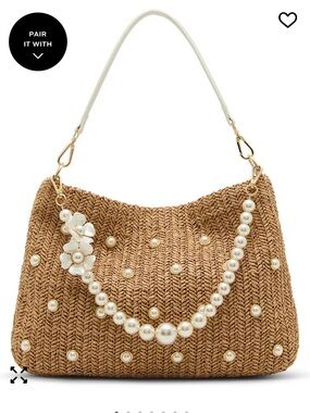 NWT Betsey Johnson Tan Woven Pearl-Embellished Hobo handbag